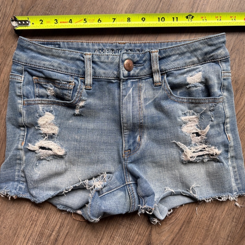 American Eagle Outfitters Light Blue Distressed Hi-Rise Shorties - Size 6 - Picture 2 of 14